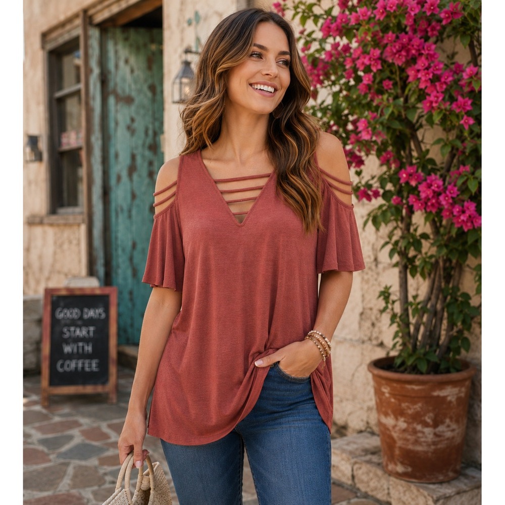Jella Couture Women Terracotta Rust Cold Shoulder Caged V-Neck Strappy Top
